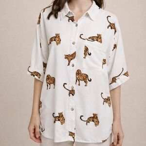 A Hint of Blush Leopard Print Button Down Shirt Safari Animal Print Blouse – XL